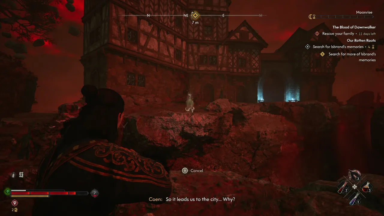 Coen aiming a traversal ability at a highlighted point across the ruined courtyard, with a Cancel prompt on screen