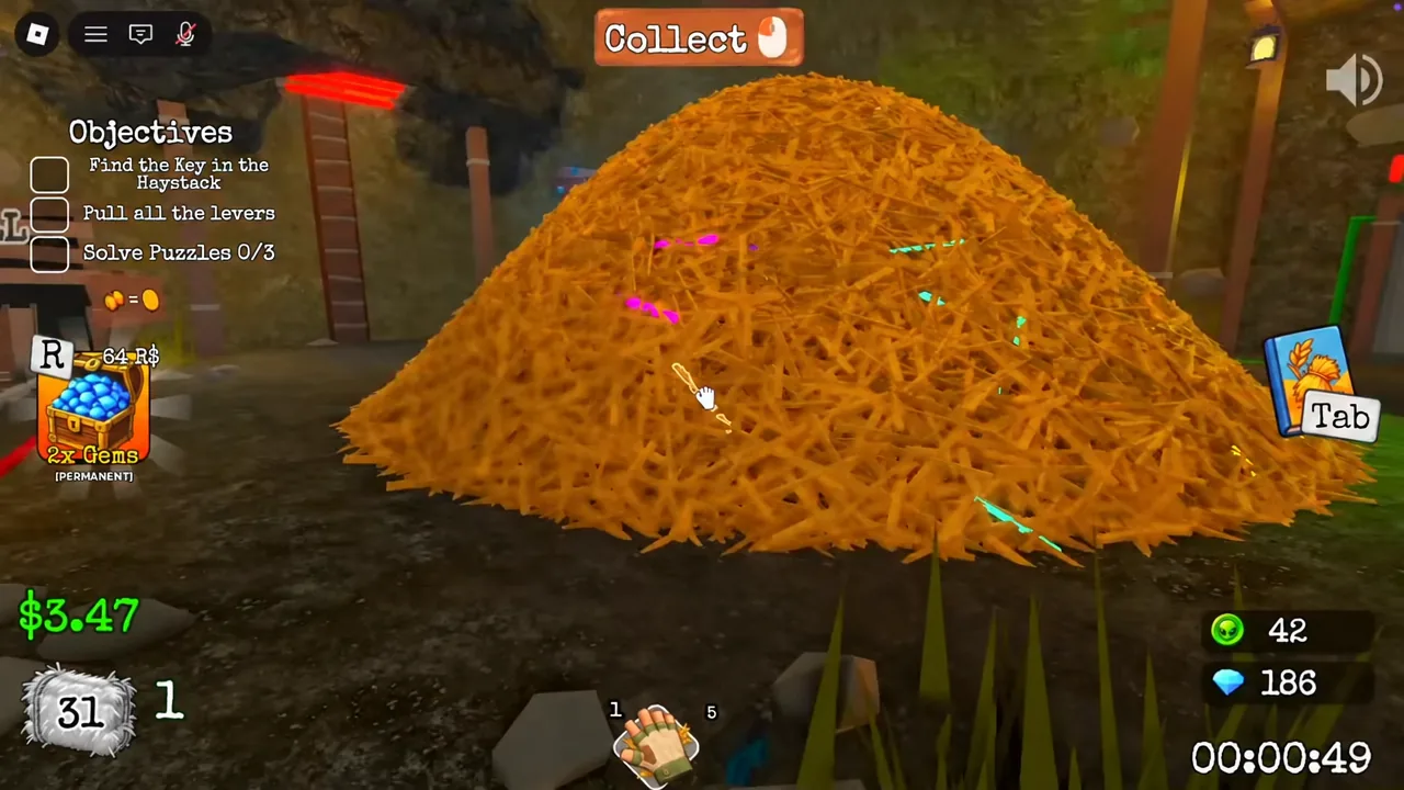 On the Collect screen, the haystack is highlighted as the player searches for the key