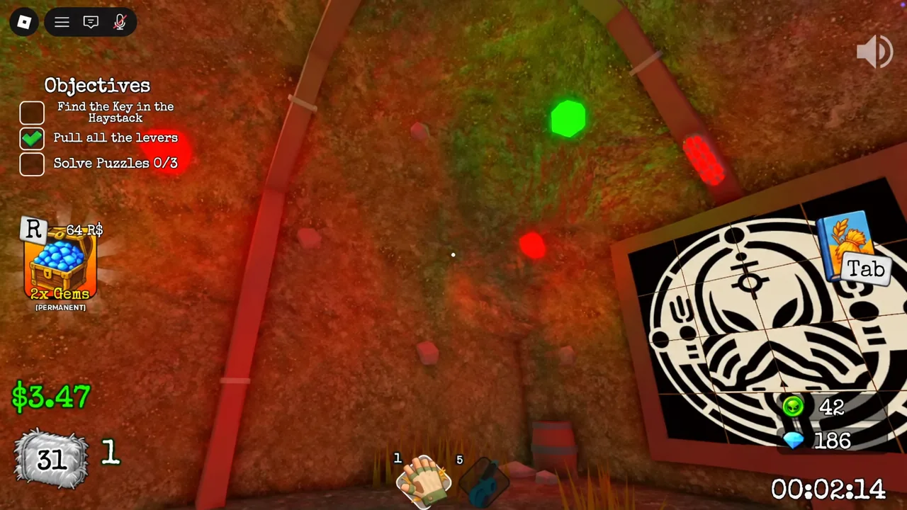 Objectives panel shows “Pull all the levers” checked as completed while the player continues searching for the key and solving puzzles
