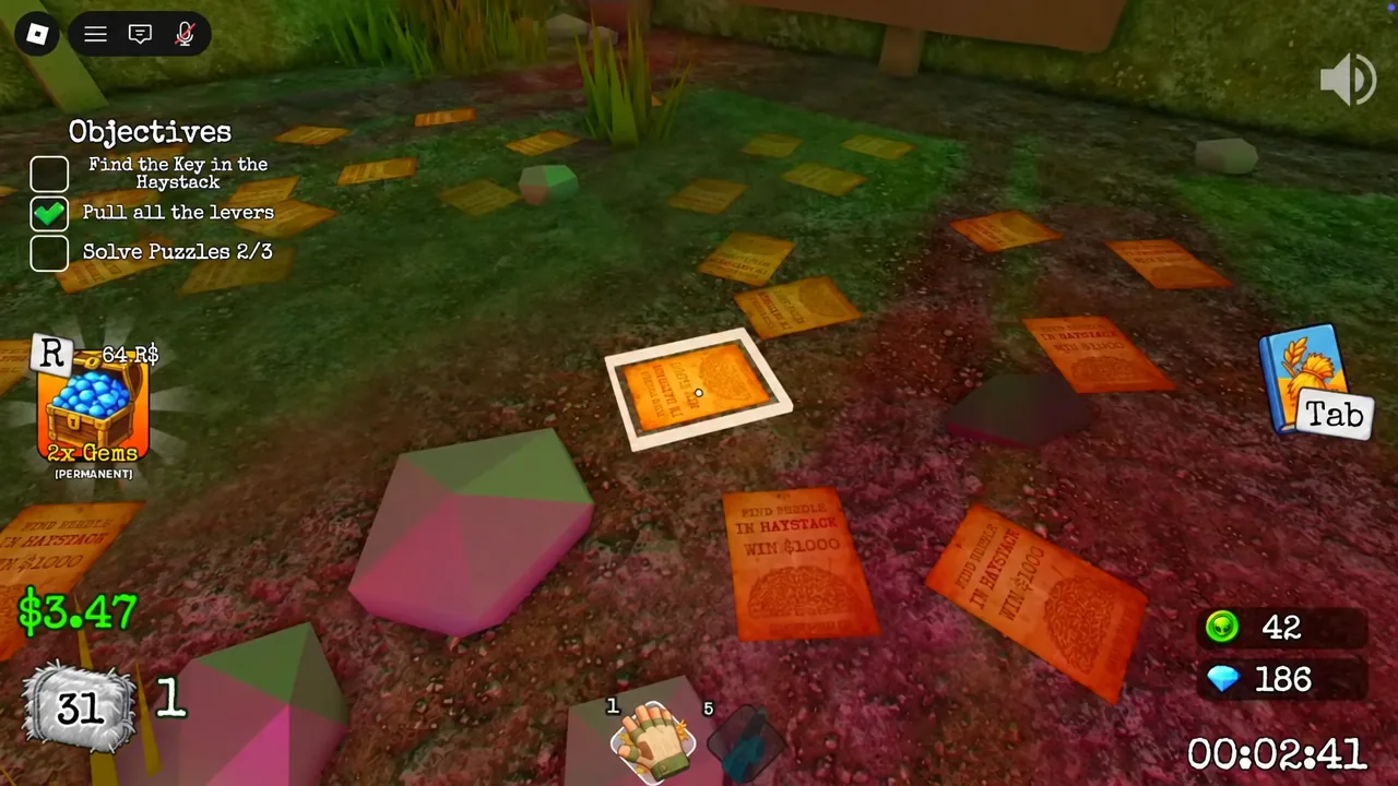 The Objectives screen highlights an orange note on the ground while the player searches the haystack for the key