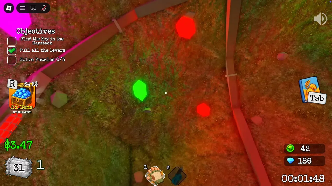 The Objectives panel shows “Pull all the levers” checked while gameplay continues in the maze