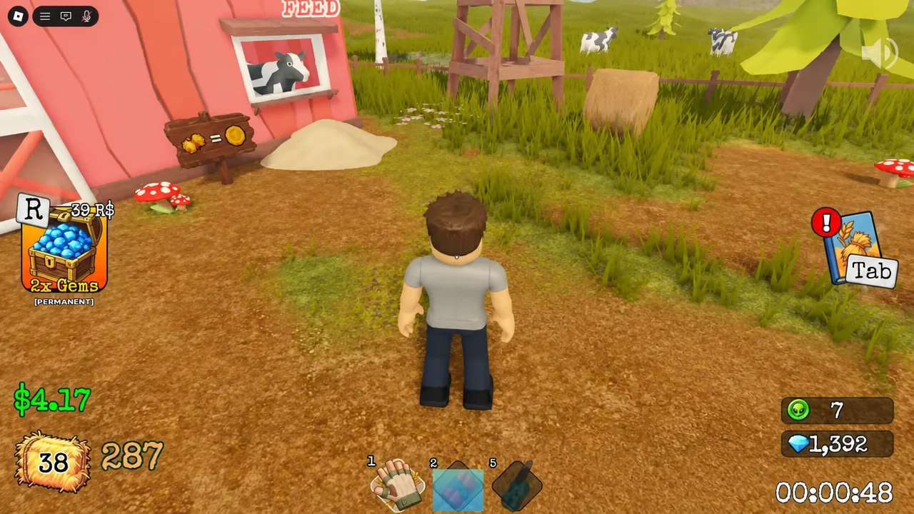 Gameplay view with the Tab button flagged by an exclamation badge to open the menu