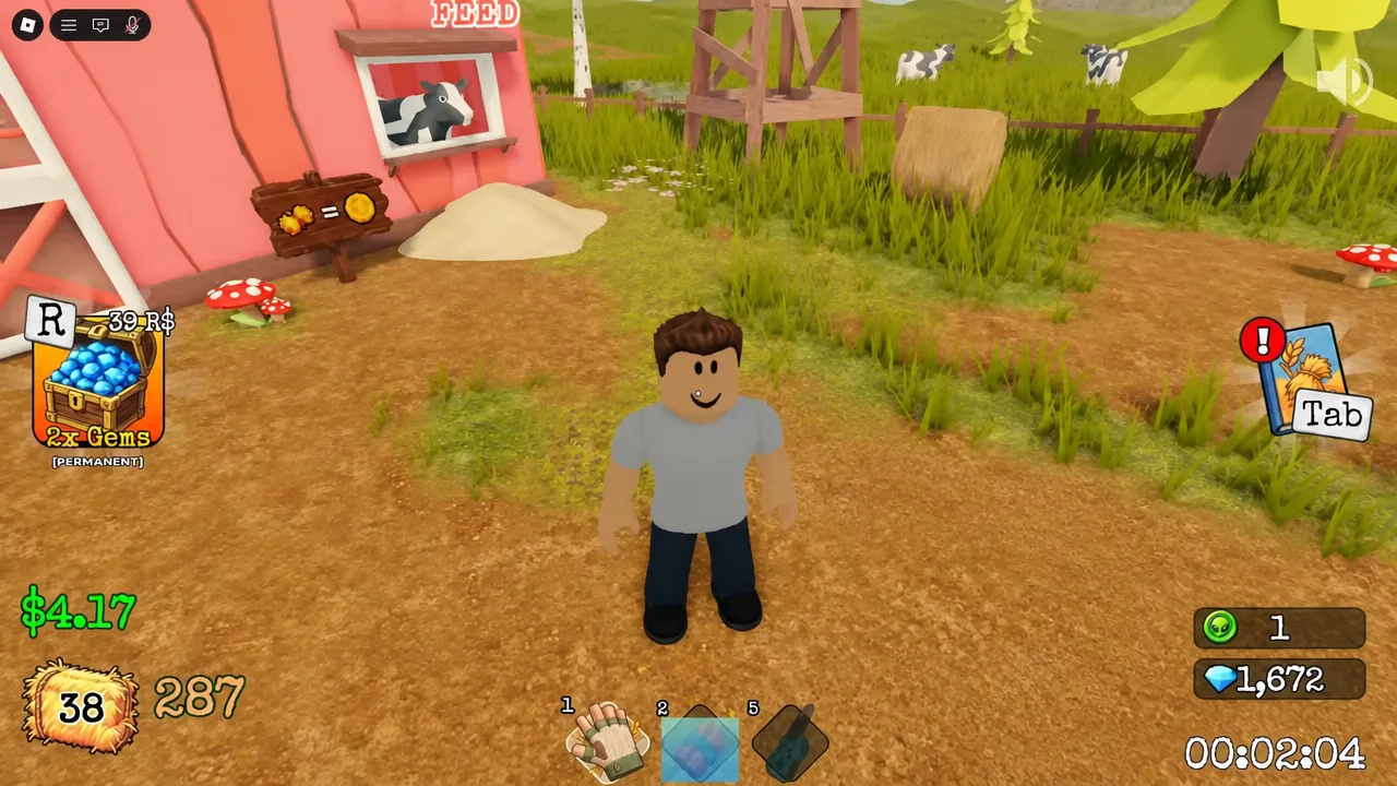 Farm area gameplay with the Tab prompt highlighted to open the in-game menu