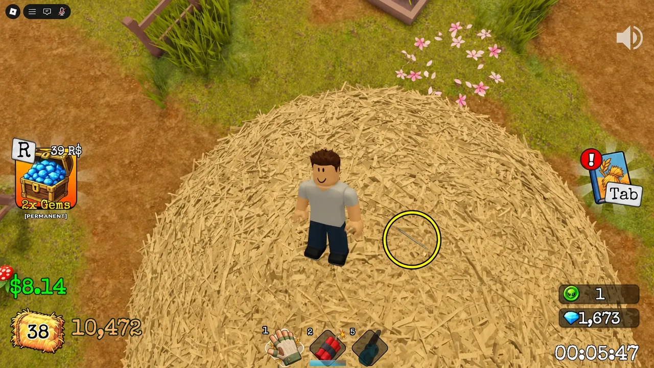 Thin needle highlighted on the hay pile as the player targets it after a blast