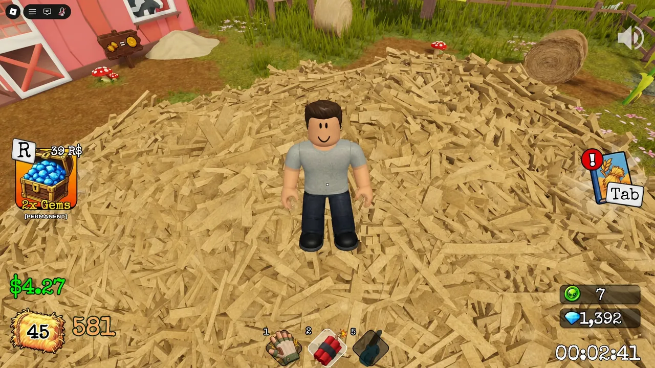 Avatar standing on a cleared debris pile with inventory slot 2 selected