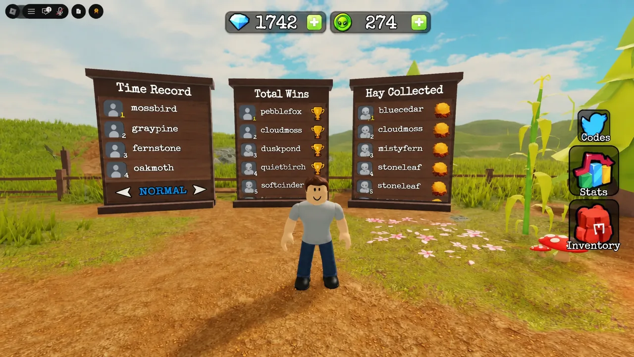 Leaderboard set to NORMAL showing Time Record, Total Wins and Hay Collected columns