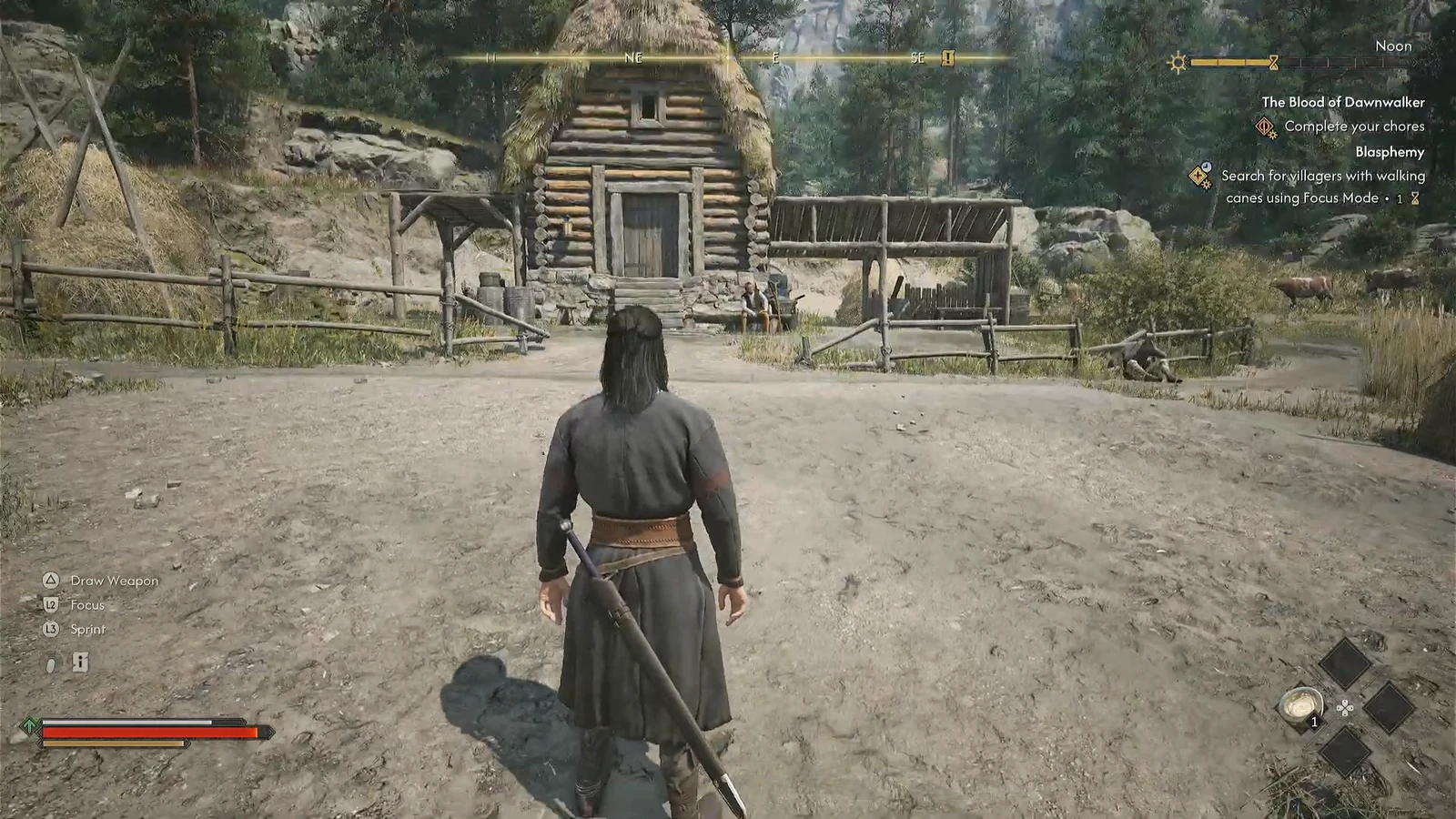 Blasphemy quest tracker showing the objective to search villagers with walking canes using Focus Mode
