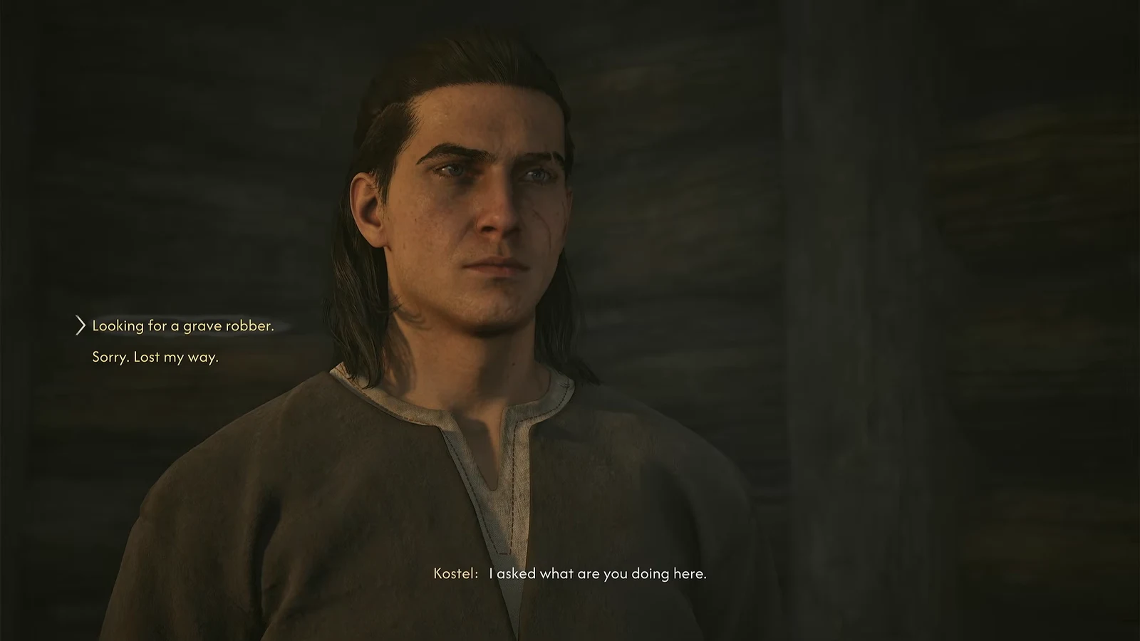 Dialogue wheel in the shed with the reply Looking for a grave robber selected while Kostel confronts Coen