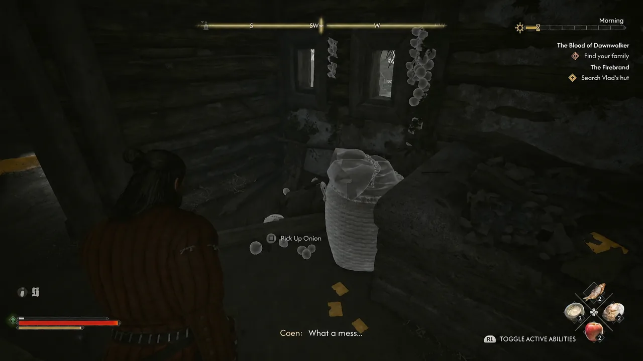 The Pick Up Onion prompt on screen inside the ransacked hut in The Blood of Dawnwalker