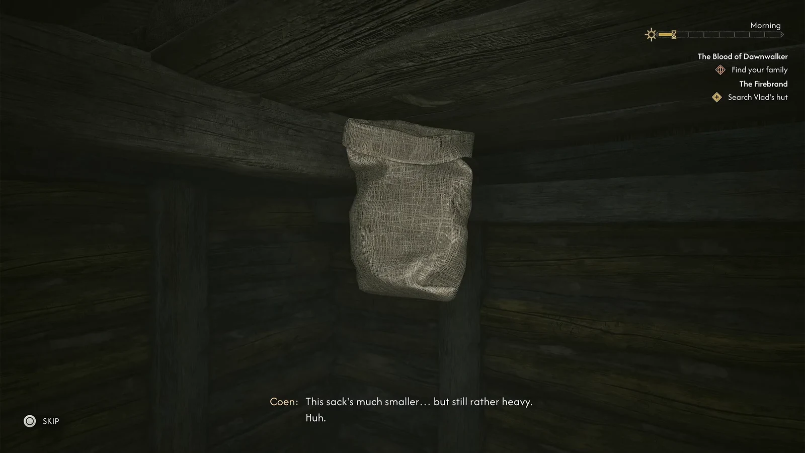 Coen holding the small heavy flour sack in object investigation mode with the Search Vlad's hut objective active