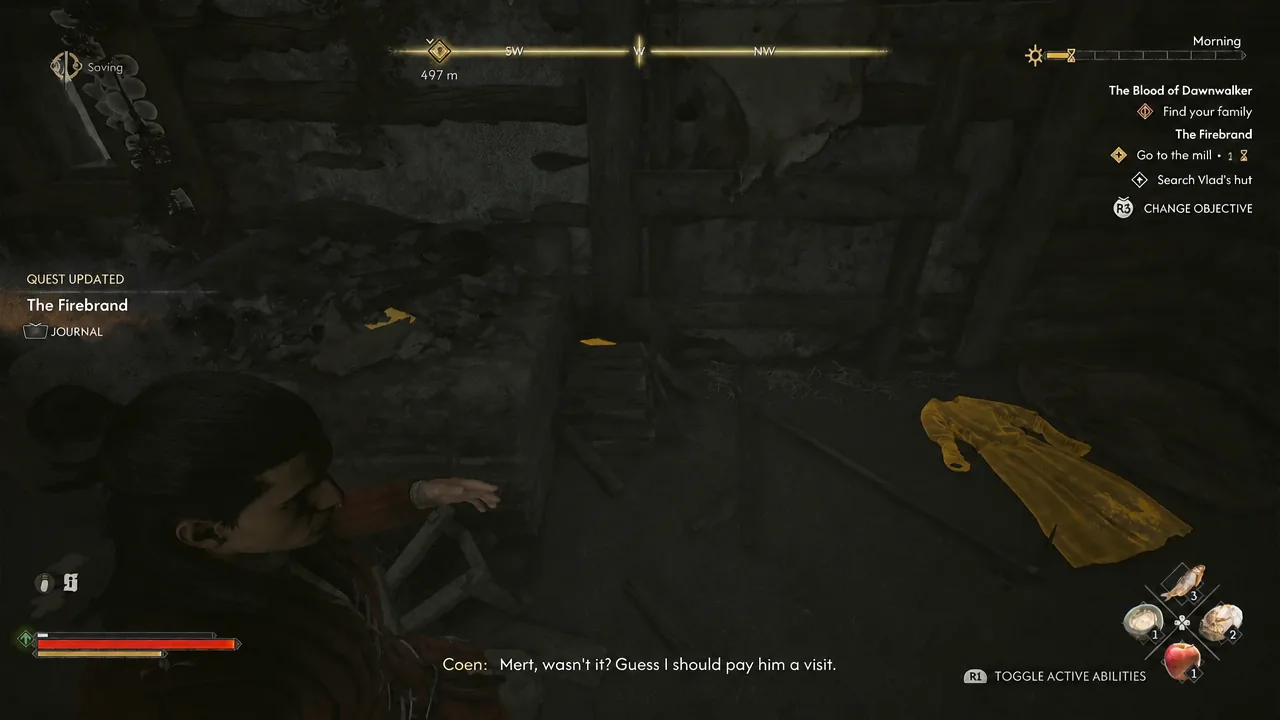 A gold-highlighted item being searched in Vlad's hut as The Firebrand quest card appears on screen