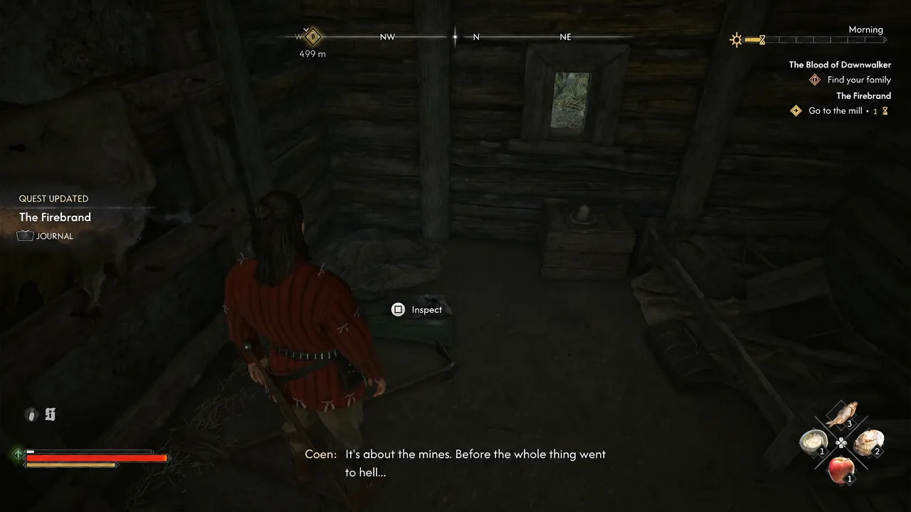 The Inspect prompt highlighted on an object in the hut with The Firebrand journal update on screen