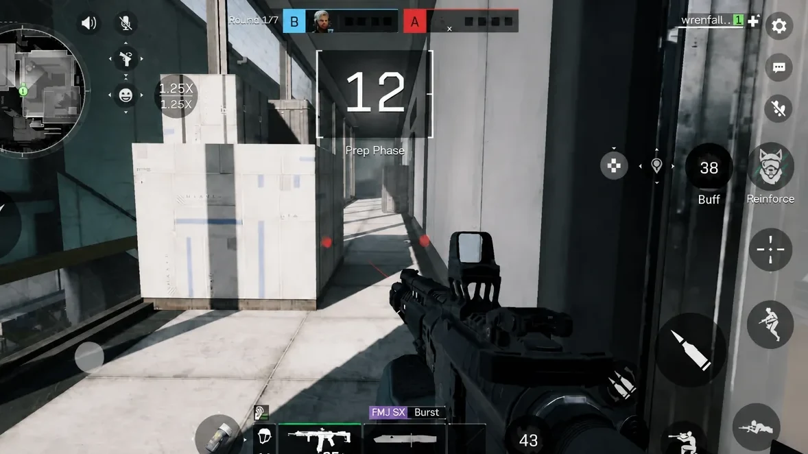 1v1 prep phase with a rifle aimed down a rooftop corridor and a 12-second countdown