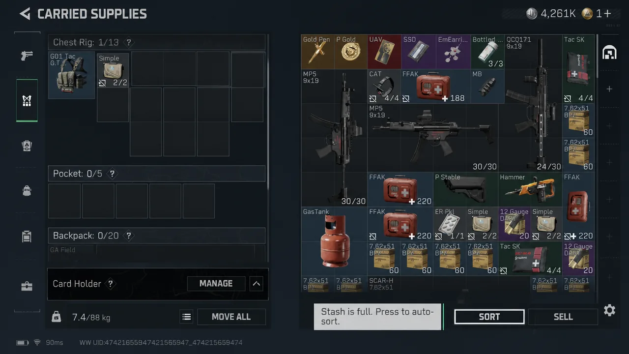 Carried Supplies inventory screen with the sort button highlighted for tidying the stash