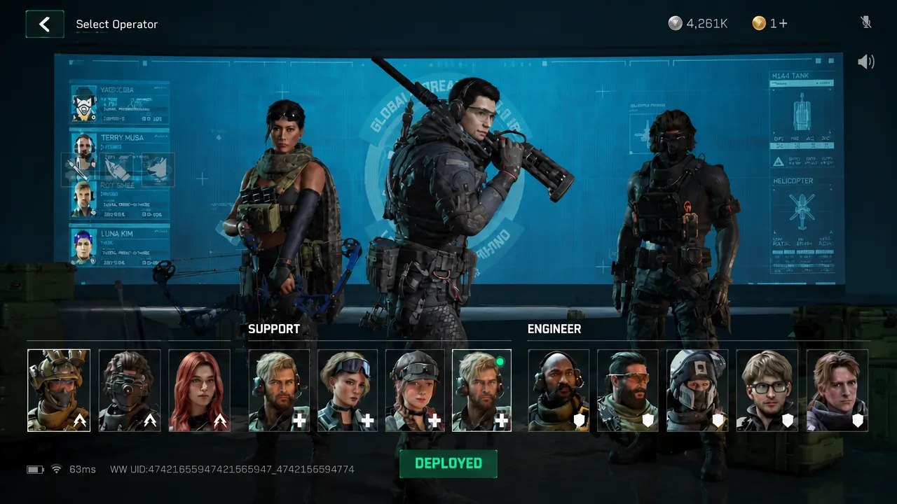 Select Operator screen with the green deploy button highlighted before a raid
