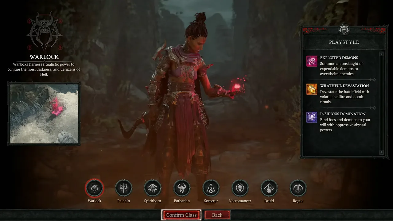 Diablo 4 class selection screen with Warlock selected and the Confirm Class button highlighted
