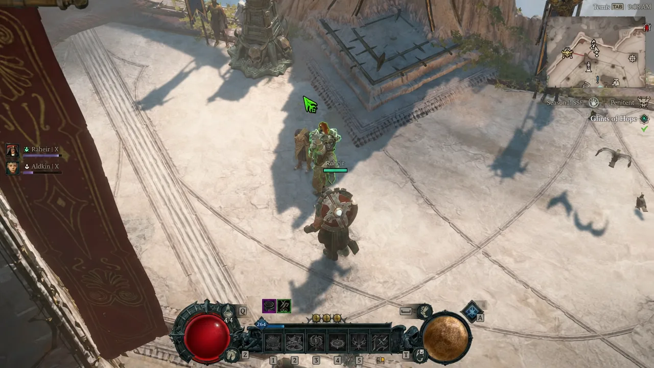 Diablo 4 characters gathered in town with a green cursor marking the player character