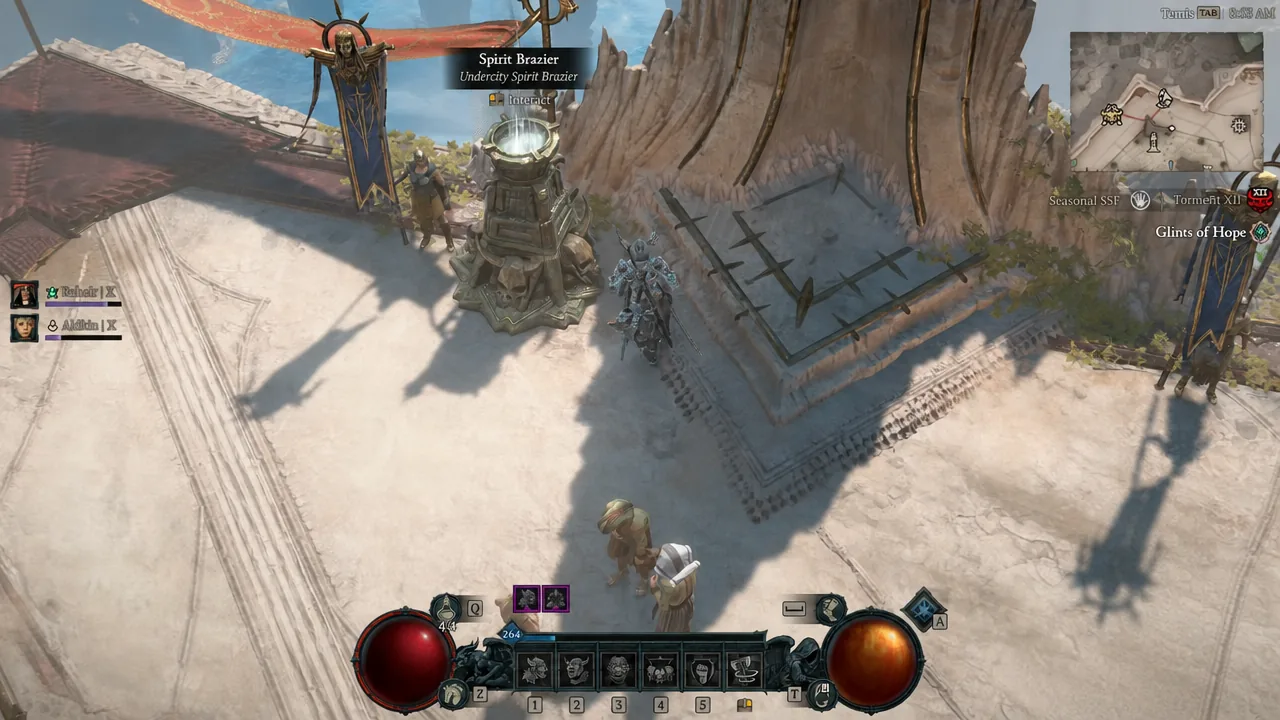 A Spirit Brazier in Kurast Undercity showing the Interact prompt as the player walks up to it