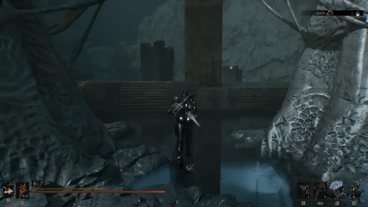 Character leaping midair from the narrow stone ledge near the Citadel Annex Beacon
