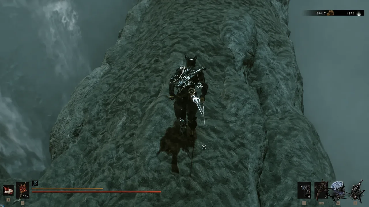 Player character climbing the rock face toward Rok's perch in Withered Shoals