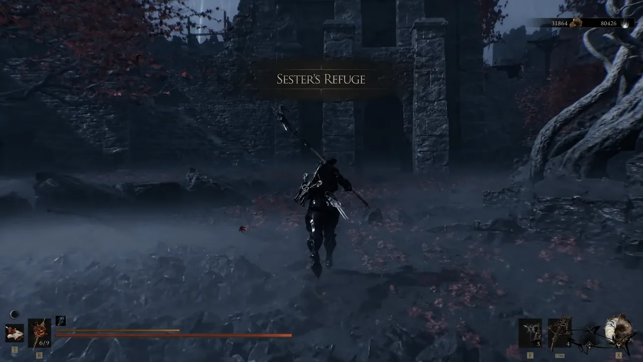 The Sester's Refuge location title appearing as the player approaches the refuge at night