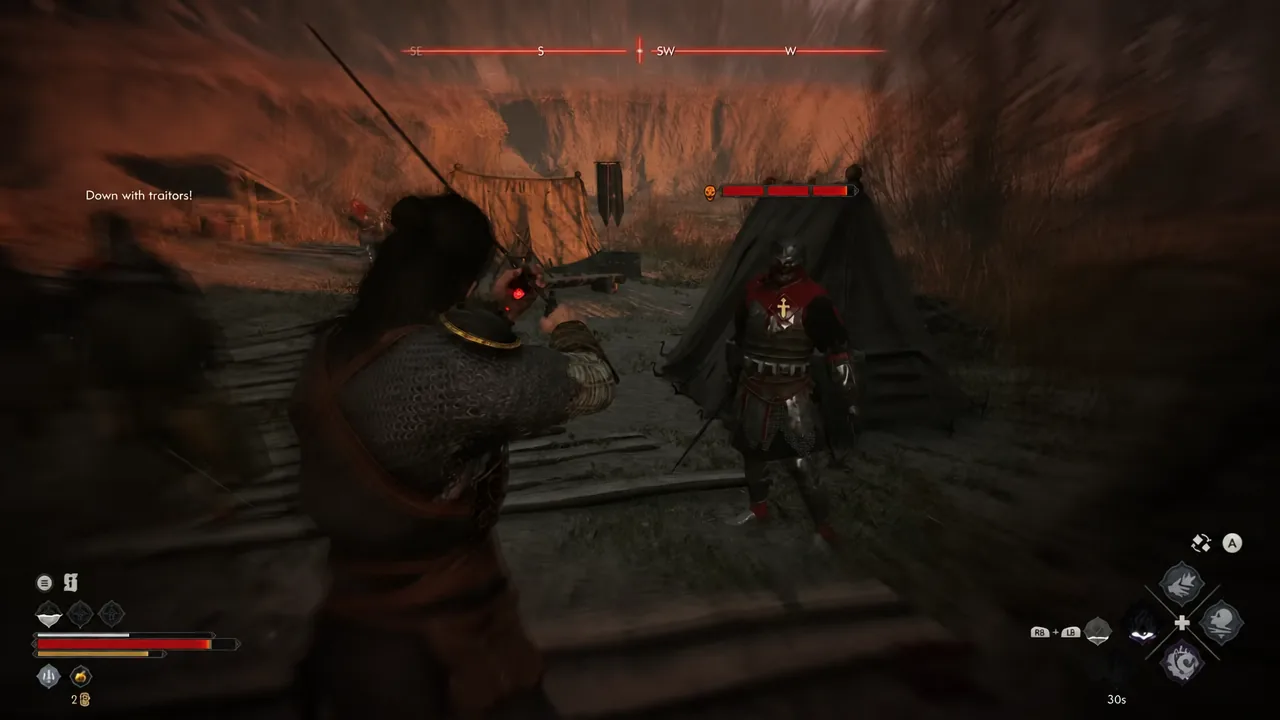 Combat HUD with a marked armored enemy and its health bar during the ravine fight