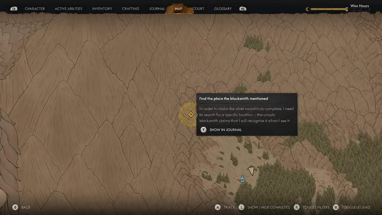 Map objective marker reading Find the place the blacksmith mentioned
