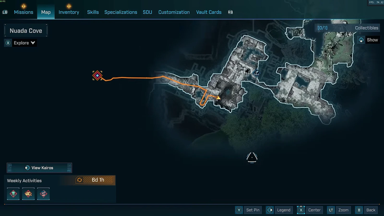 Nuada Cove map tab with the orange objective route marking the path through the area