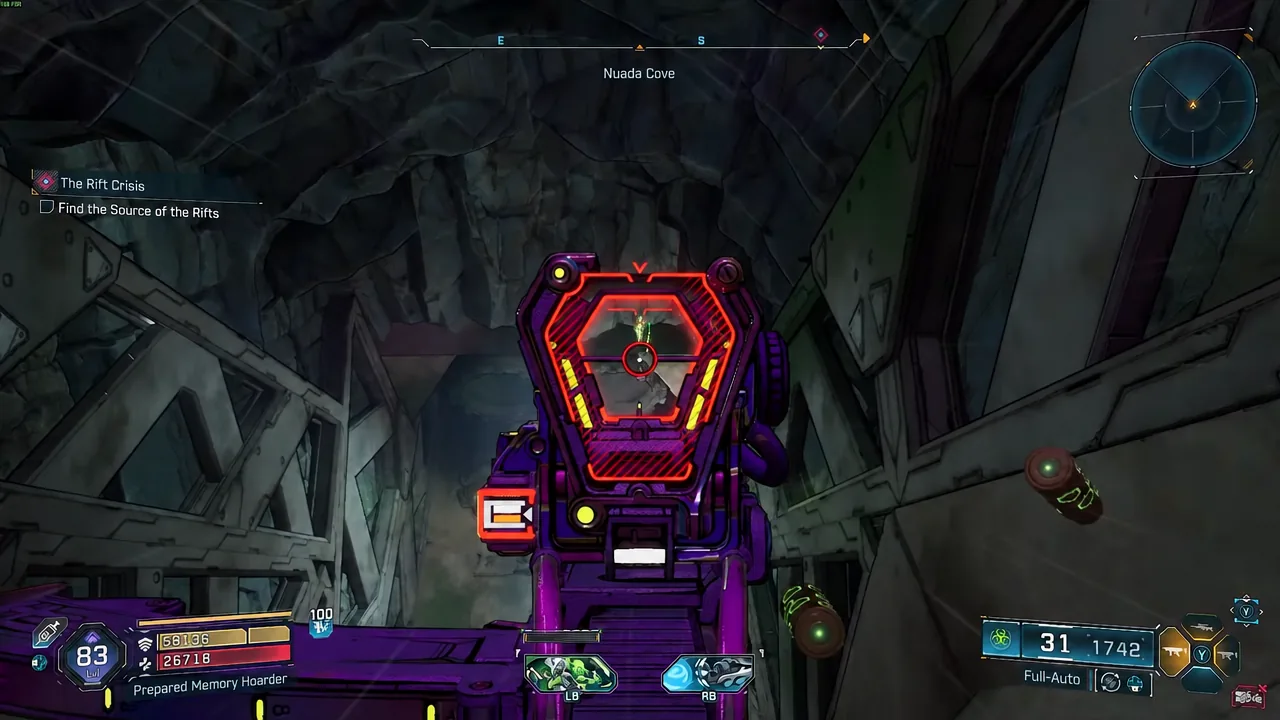 Aiming down the sights at a small red target while the Find the Source of the Rifts objective is active