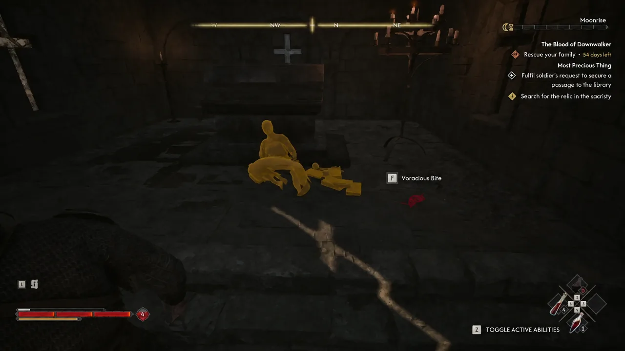 Highlighted corpse inside the sacristy with an on-screen interaction prompt