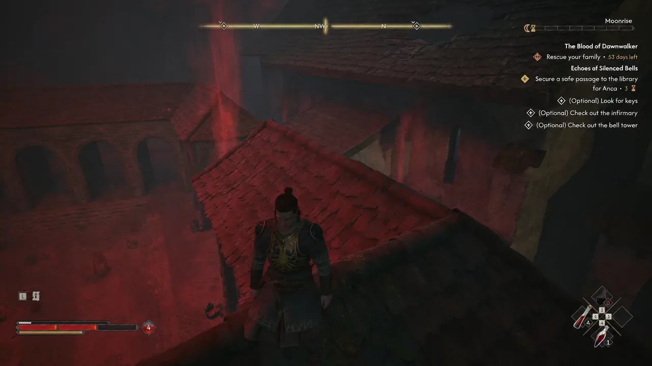 Coen crossing a convent rooftop with the quest objectives listed in the tracker