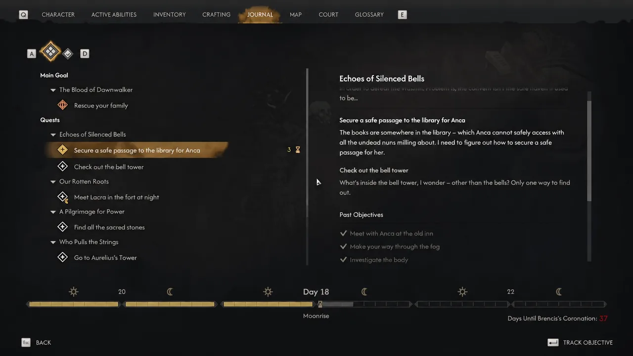 Journal screen with the safe passage objective for Anca selected