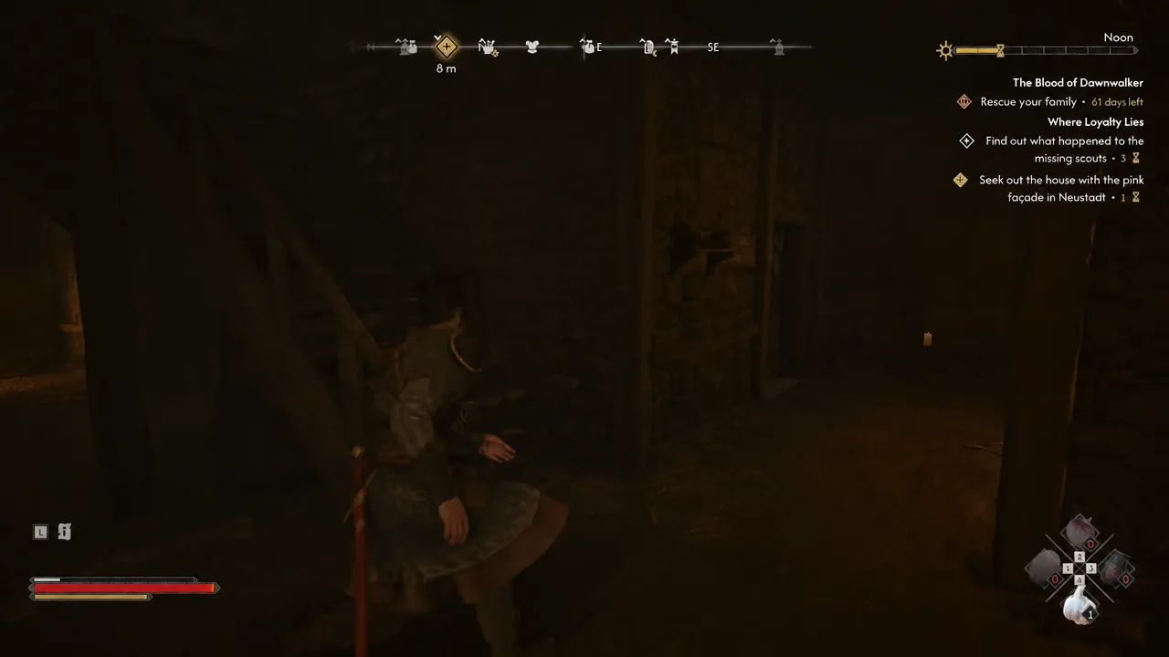 Coen crouched in the street with the gold quest marker visible on the HUD