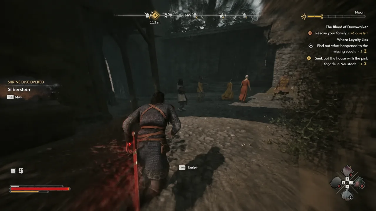 Coen sprinting toward a group of NPCs near the Silberstein shrine in Svartrau City
