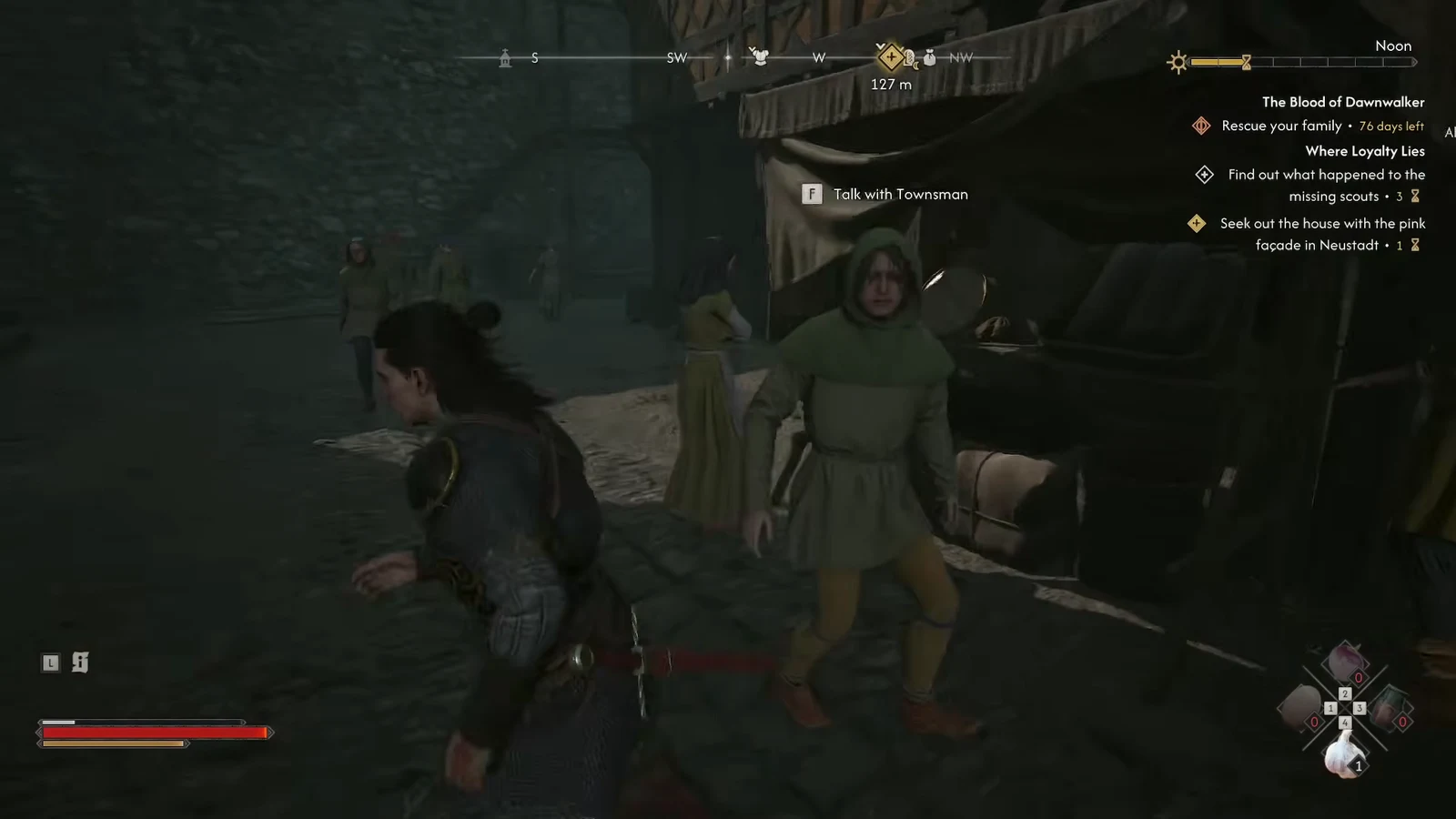 A Talk with Townsman prompt appears as Coen passes an NPC in a Neustadt alley