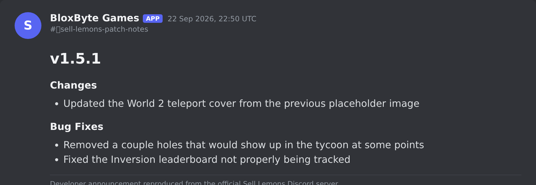 The Sell Lemons update post in the game's Discord server