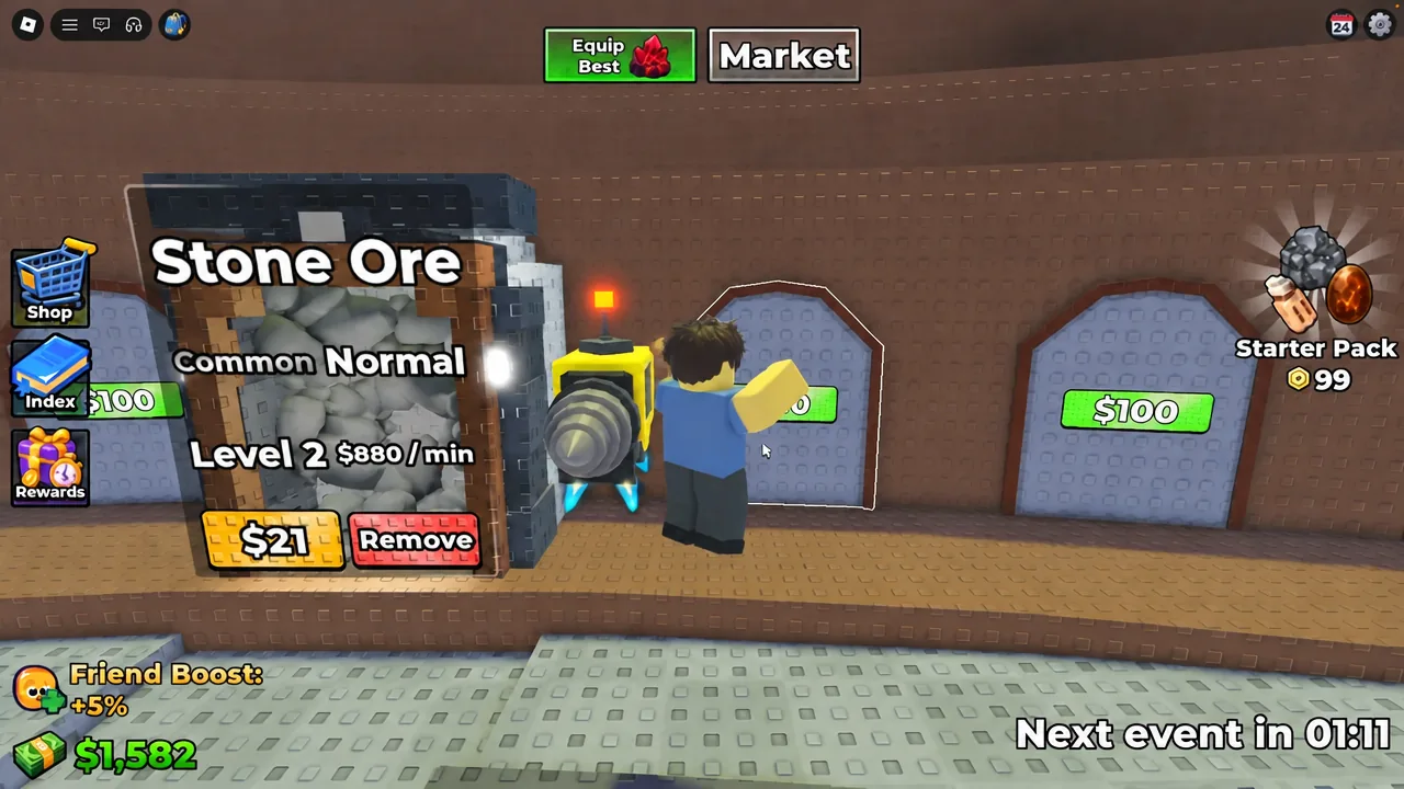 Ore level upgrade panel inside a tunnel showing the Level 4 income rate of $1,100 per minute
