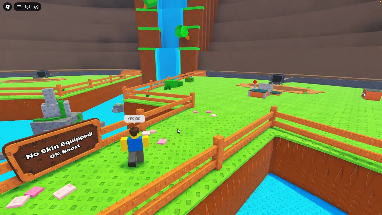 Player avatar standing next to the No Skin Equipped 0% Boost sign inside the Sell Ores base