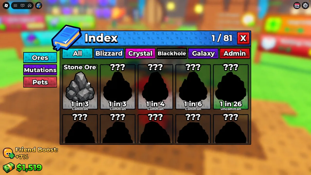 Index menu open on the Ores tab with Stone Ore unlocked and the remaining entries locked