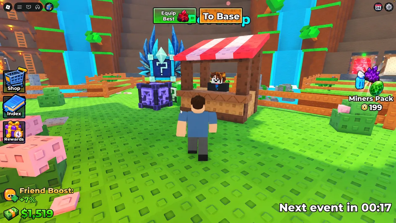 Player standing at the central market stall with the To Base button highlighted on screen