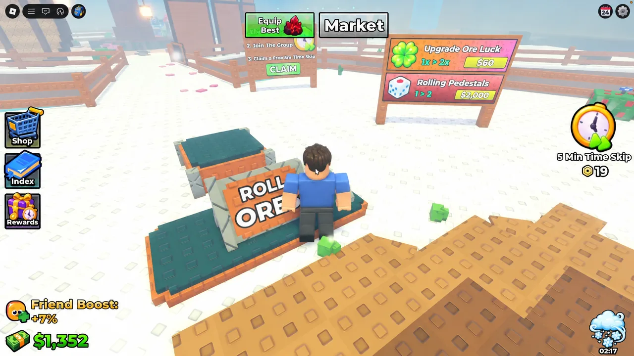 Roll result showing Zinc Ore at Uncommon rarity with 1 in 85 odds and its purchase price