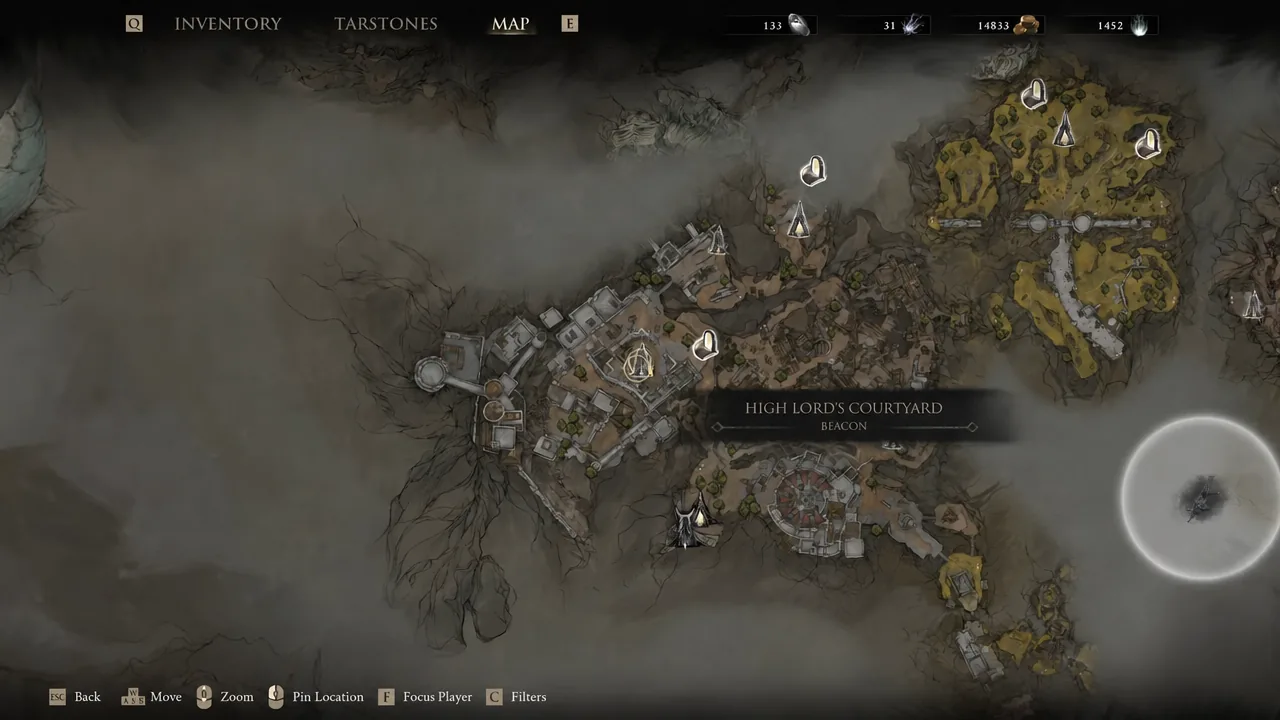 Map screen with the High Lord's Courtyard beacon highlighted in the Ruins of Mammon
