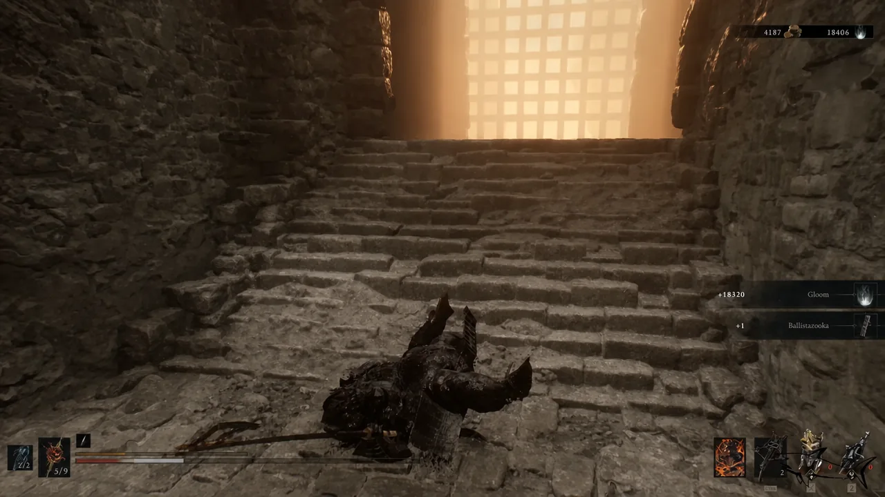 Player pulling a wall lever that raises a large iron gate after the boss fight
