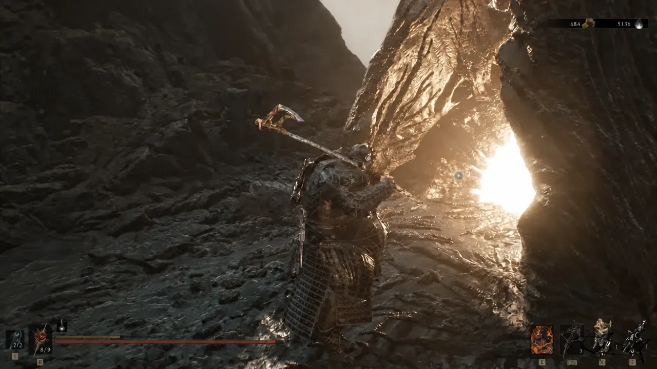 Armored character fighting with a polearm outside the castle with the combat HUD on screen