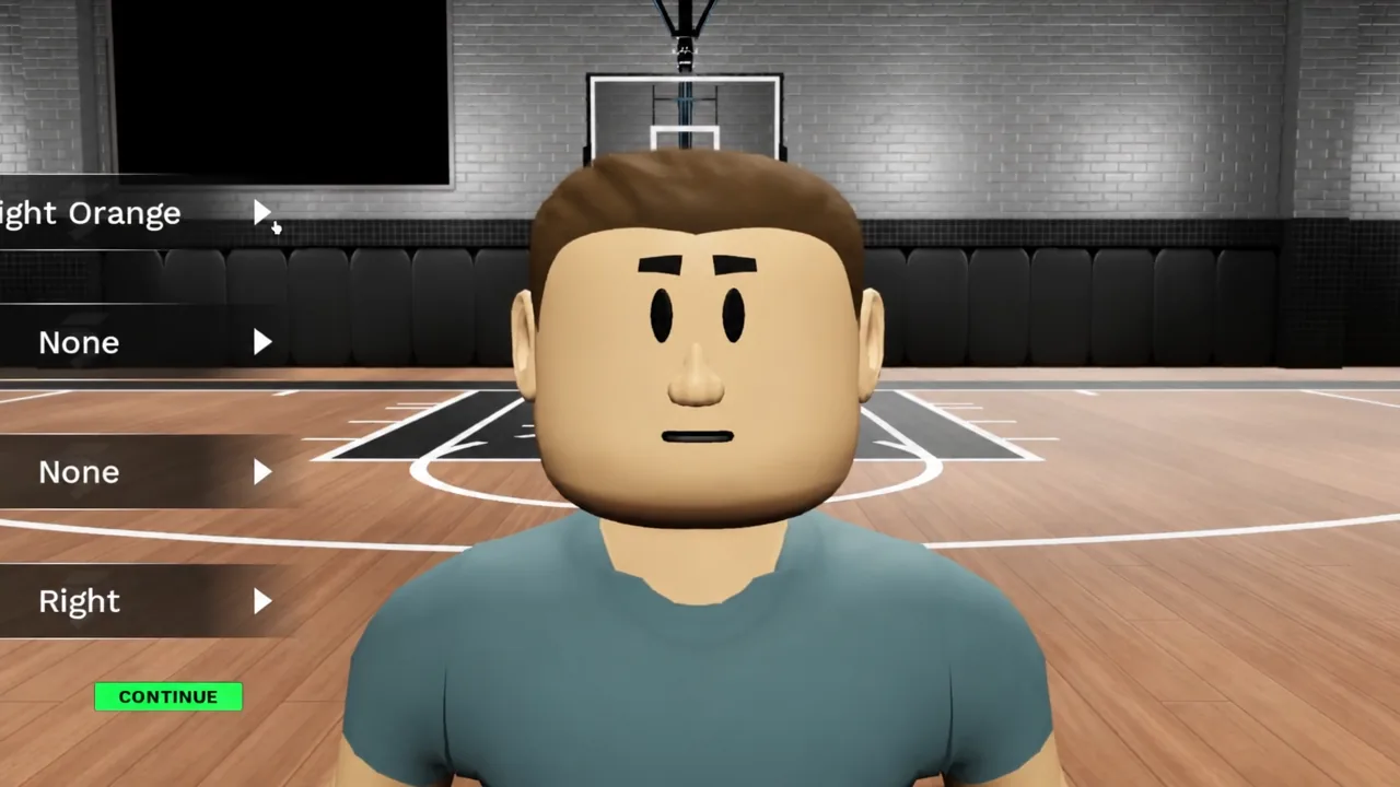 Character customization screen in Sequence Basketball with the green Continue button