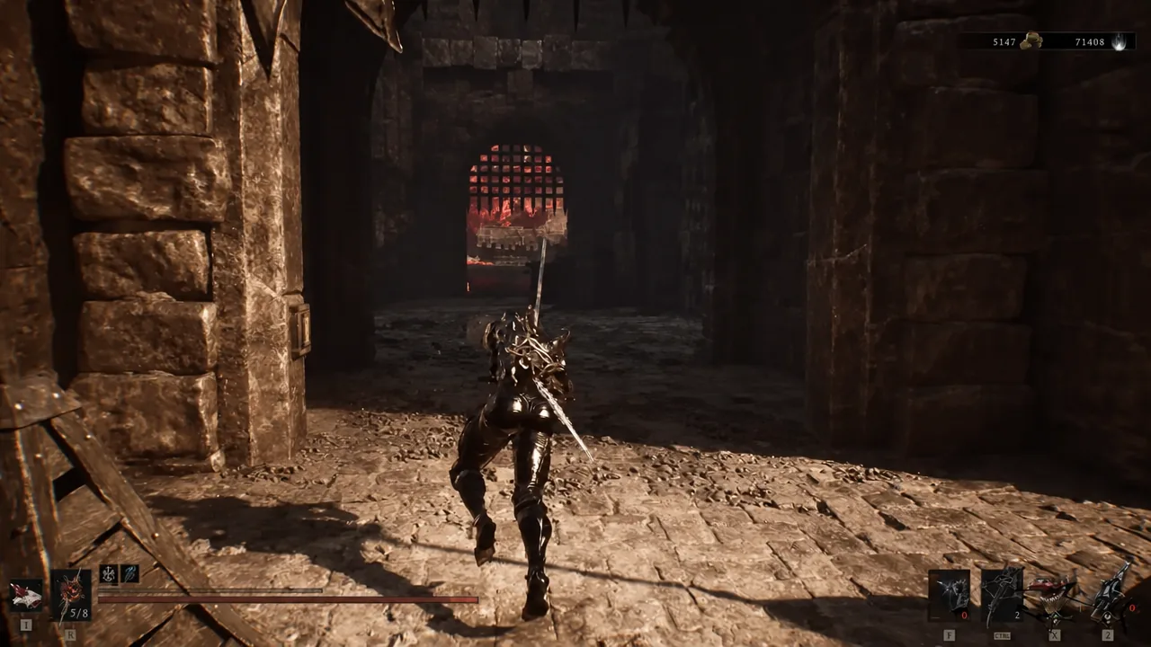 Armored Harbinger approaching a barred gate in a stone corridor on the way to the dungeon