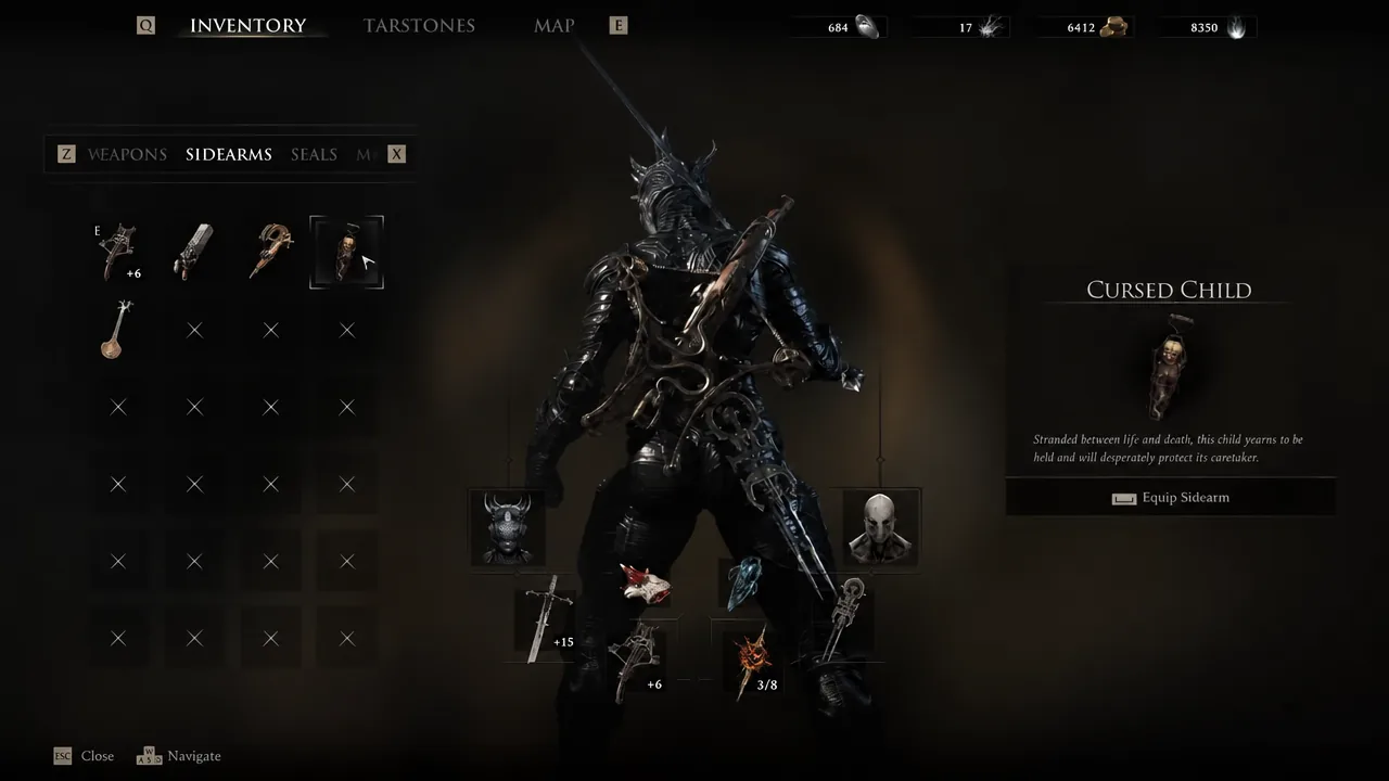 Inventory screen showing the Cursed Child sidearm with the equip sidearm option