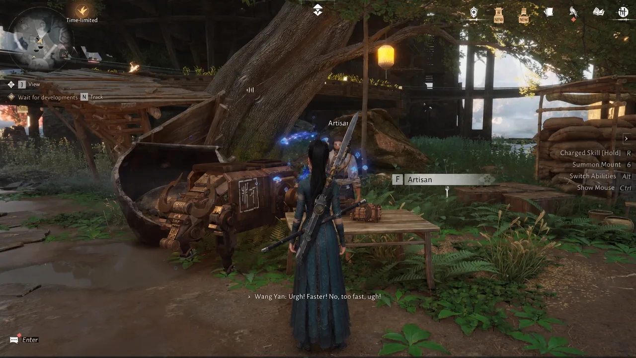 F Artisan interaction prompt on screen while facing the Artisan at his workbench