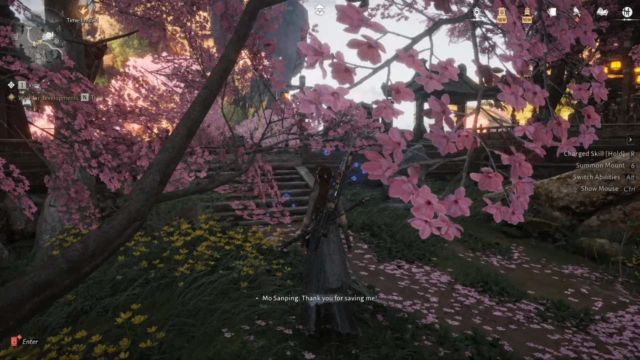 Character running through a cherry-blossom garden with the View after development objective on screen