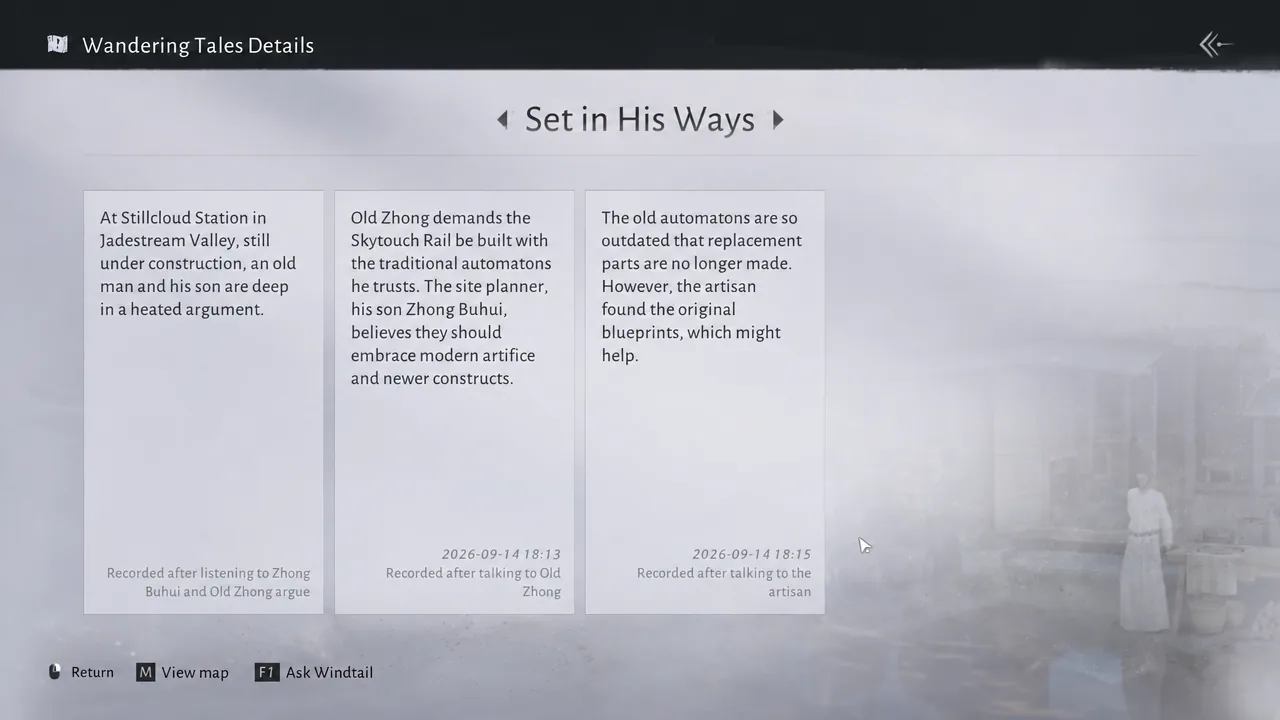 Wandering Tales Details screen showing the Set in His Ways entry with three recorded notes